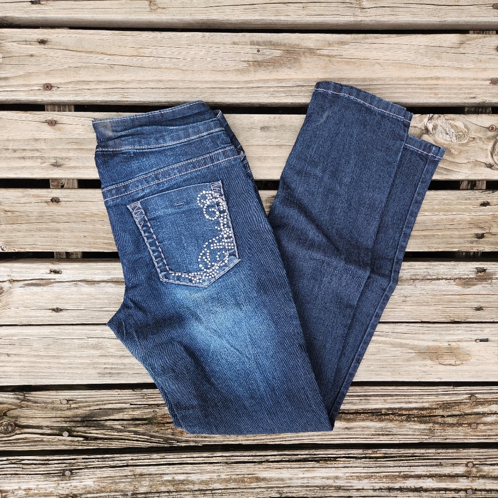 Maurices Studded Rhinestone Skinny Jeans Small Embellished Y2K Dark Wash Stretch